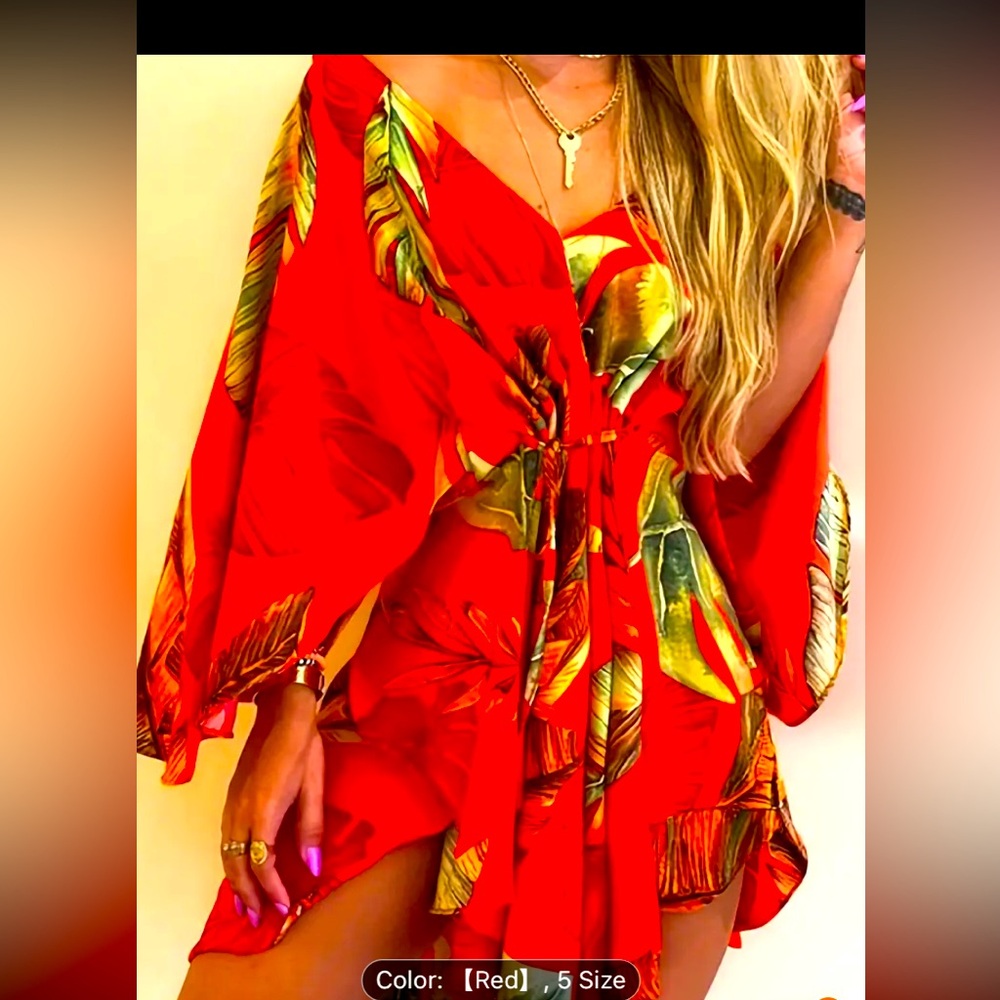 Floral wrap tie-up top red XL NWOT